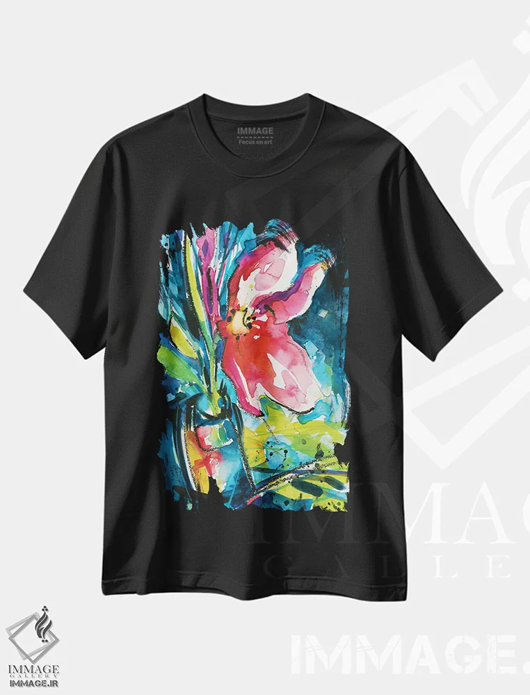 تیشرت مشکی طرح دار شادی گل ها یک، هنر فاخر معاصر اثر کتی مورتون استنیون | فروشگاه ایماژ