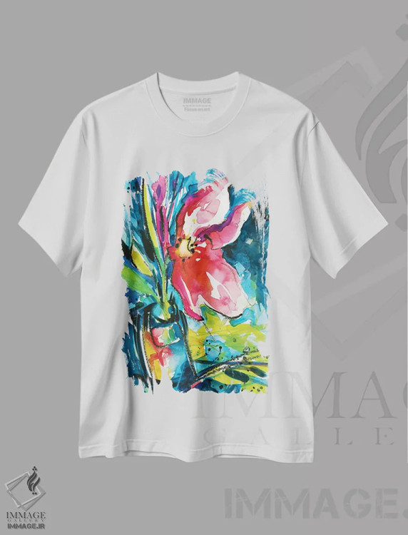 تیشرت سفید طرح دار شادی گل ها یک، هنر فاخر معاصر اثر کتی مورتون استنیون | immage.ir