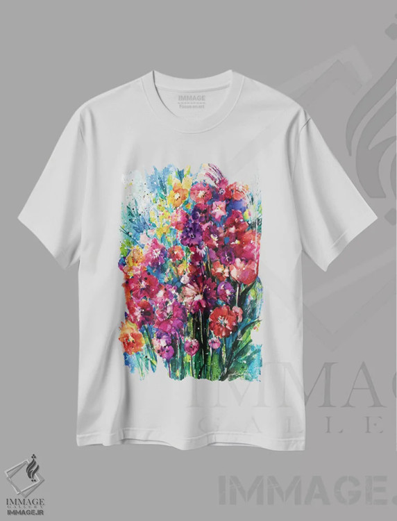تیشرت سفید طرح دار جشن گل ها یک، هنر فاخر معاصر اثر کتی مورتون استنیون | فروشگاه ایماژ