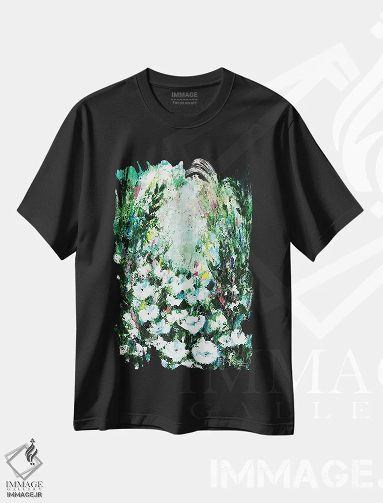 تیشرت مشکی طرح دار باغ اروینا، آبستره اثر کتی مورتون استنیون | فروشگاه ایماژ