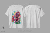 تیشرت سفید طرح دار جشن گل ها یک، هنر فاخر معاصر اثر کتی مورتون استنیون | فروشگاه ایماژ