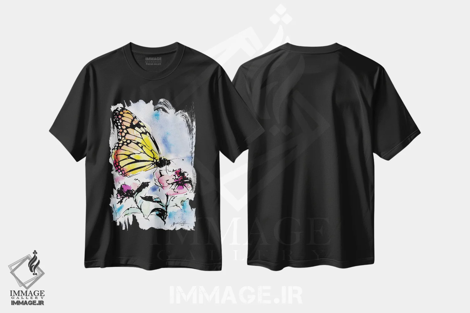 تیشرت مشکی طرح دار پروانه با گل ها، مدیوم اثر کتی مورتون استنیون | فروشگاه ایماژ