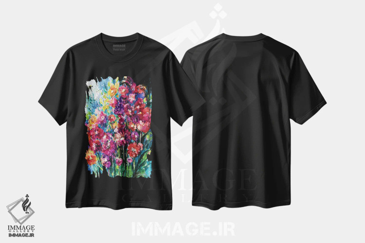 تیشرت مشکی طرح دار جشن گل ها یک، هنر فاخر معاصر اثر کتی مورتون استنیون | immage.ir