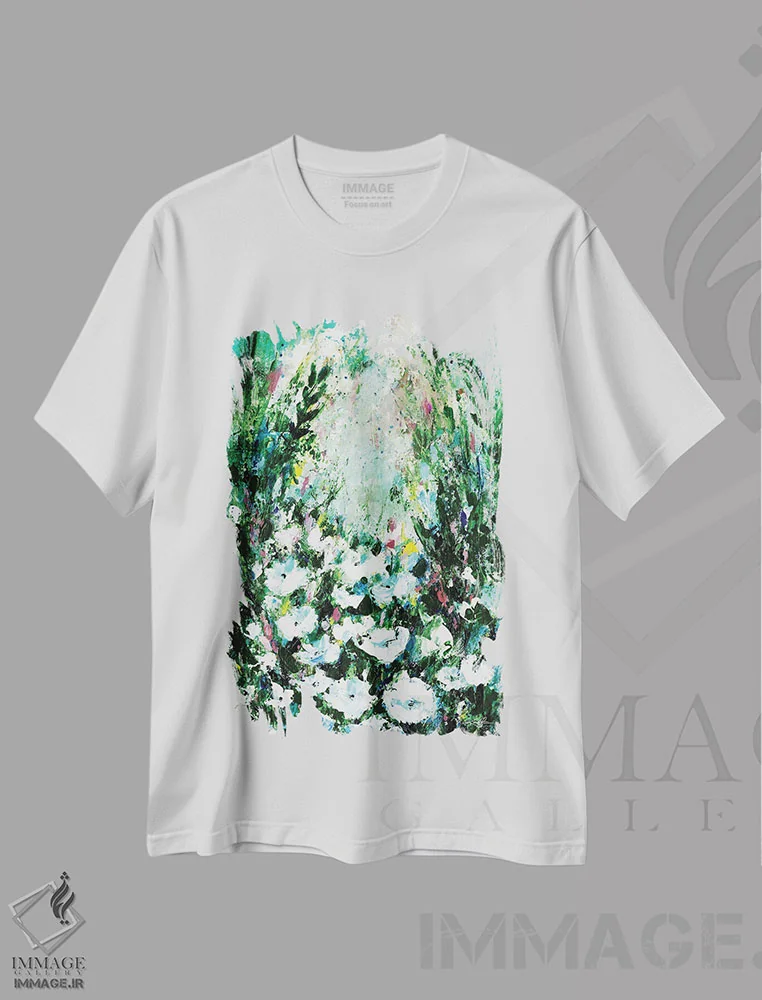 تیشرت سفید طرح دار باغ اروینا، آبستره اثر کتی مورتون استنیون | immage.ir