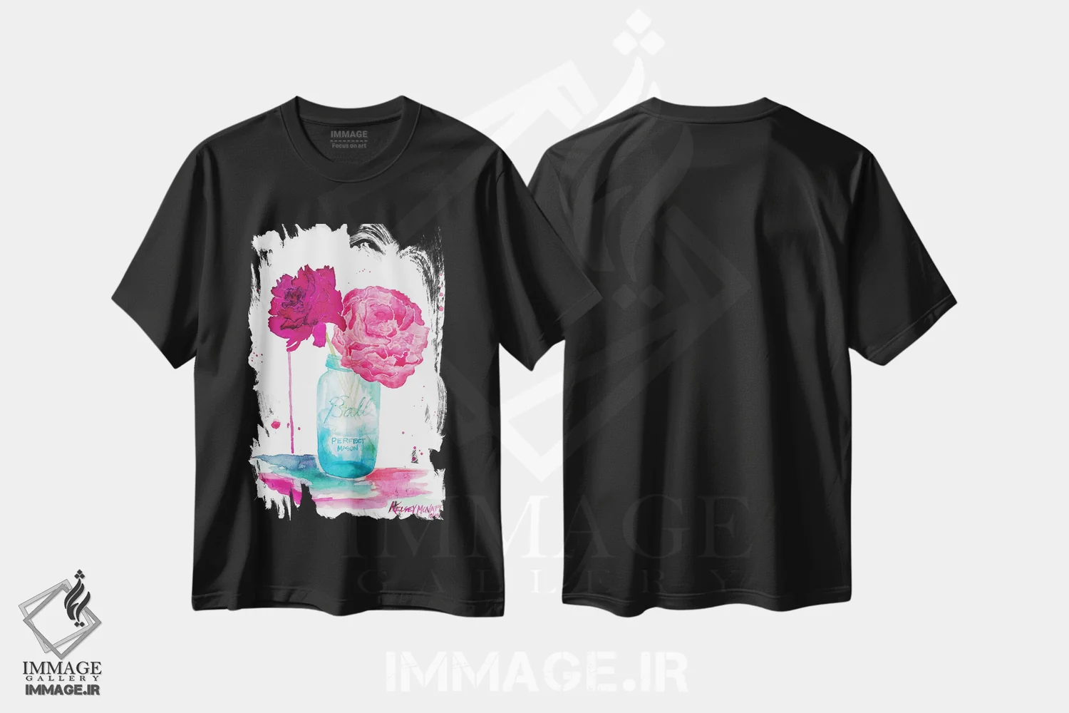 تیشرت مشکی طرح دار گل های صدتومانی و شیشه ماسون، تزئینی اثر کلسی مک نت | فروشگاه ایماژ