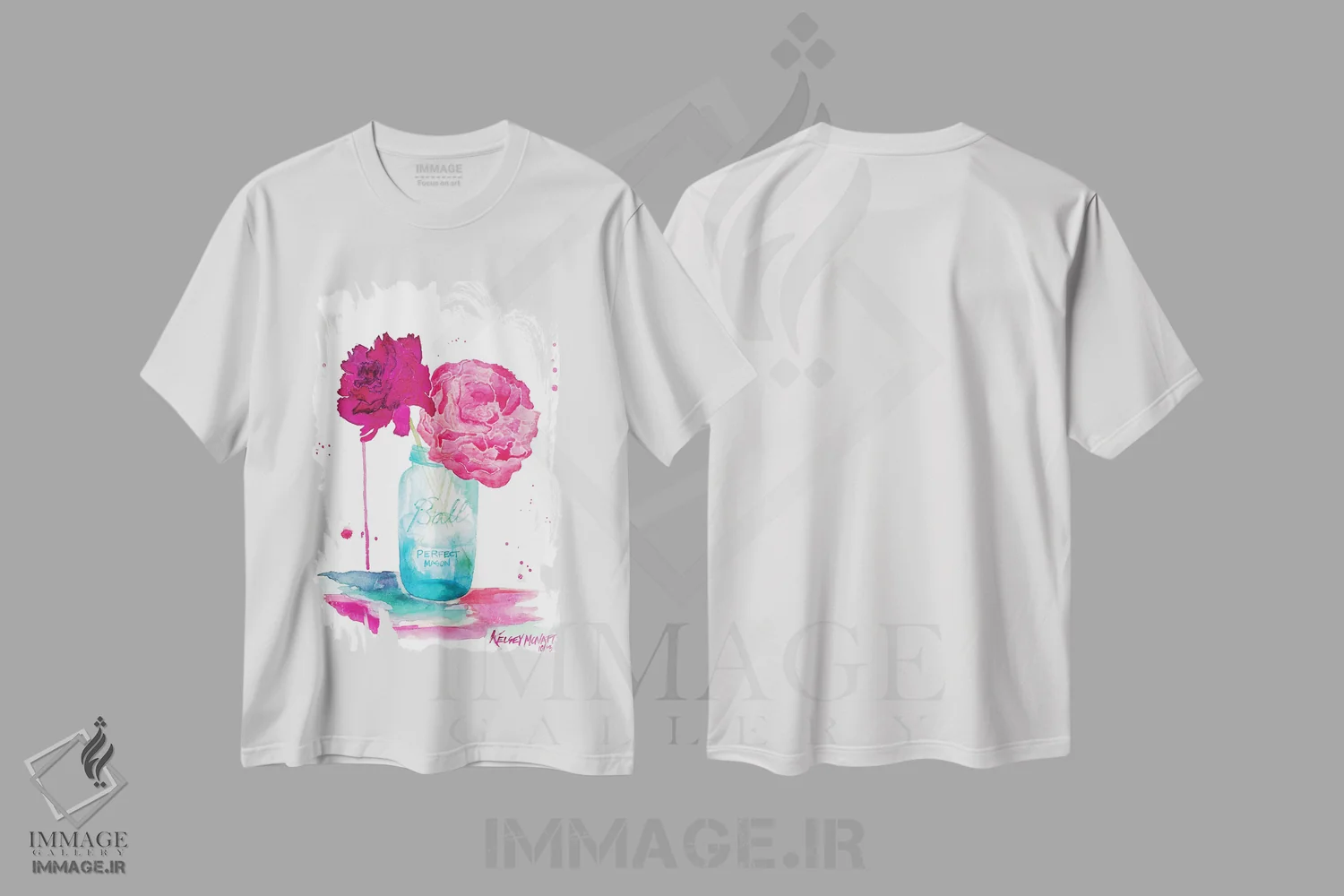 تیشرت سفید طرح دار گل های صدتومانی و شیشه ماسون، تزئینی اثر کلسی مک نت | immage.ir