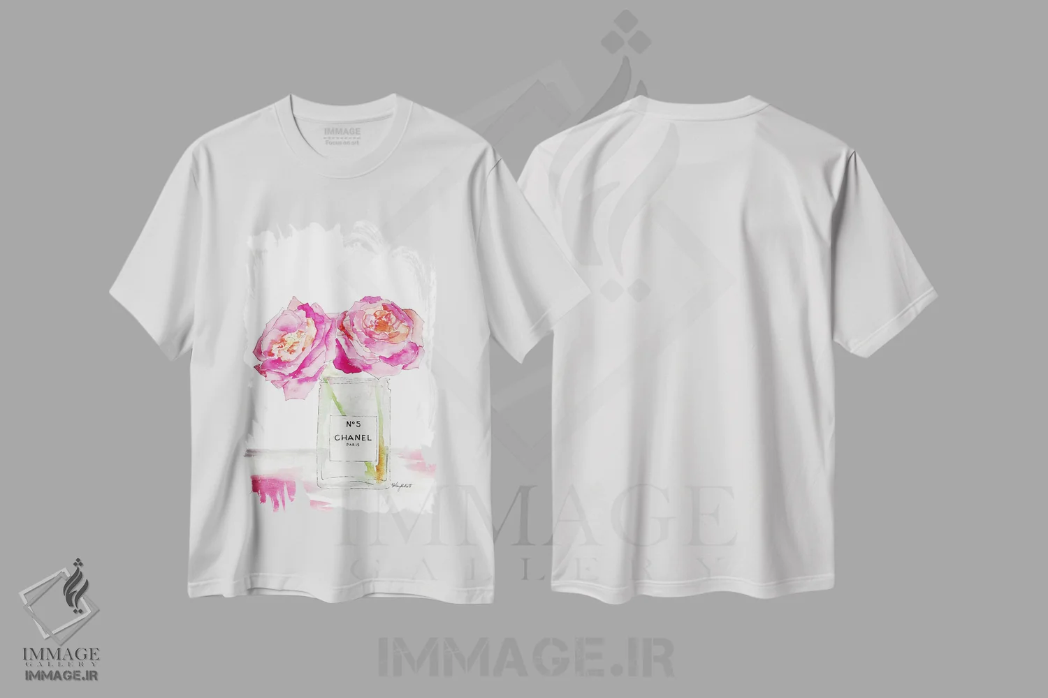 تیشرت سفید طرح دار گل های صدتومانی و عطر، تزئینی اثر کلسی مک نت | فروشگاه ایماژ