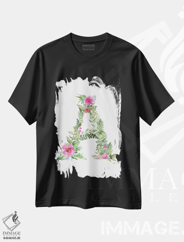 تیشرت مشکی طرح دار حرف A گیاهی، تزئینی اثر کلسی مک نت | فروشگاه ایماژ