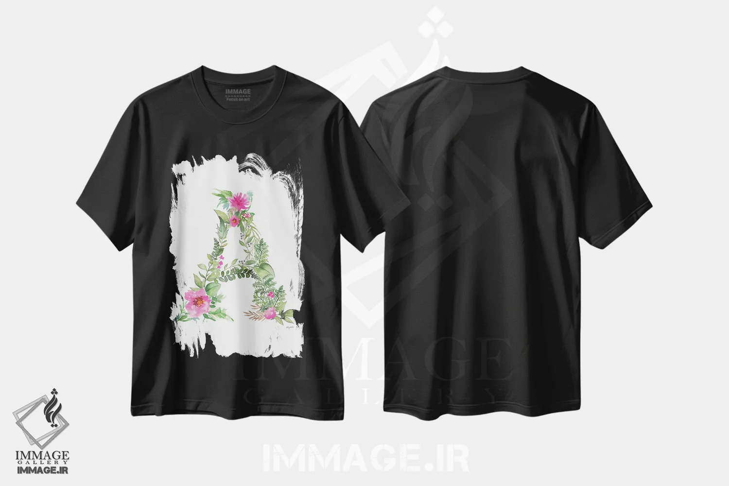 تیشرت مشکی طرح دار حرف A گیاهی، تزئینی اثر کلسی مک نت | فروشگاه ایماژ