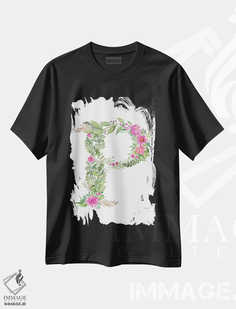 تیشرت مشکی طرح دار حرف P گیاهی، تزئینی اثر کلسی مک نت | فروشگاه ایماژ