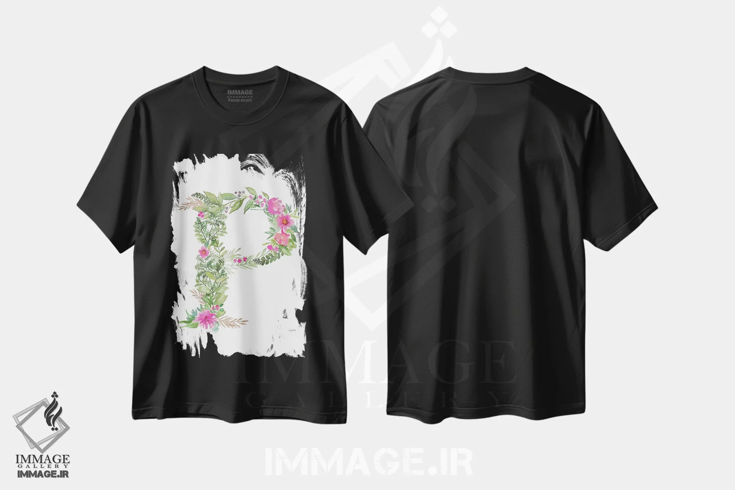 تیشرت مشکی طرح دار حرف P گیاهی، تزئینی اثر کلسی مک نت | فروشگاه ایماژ