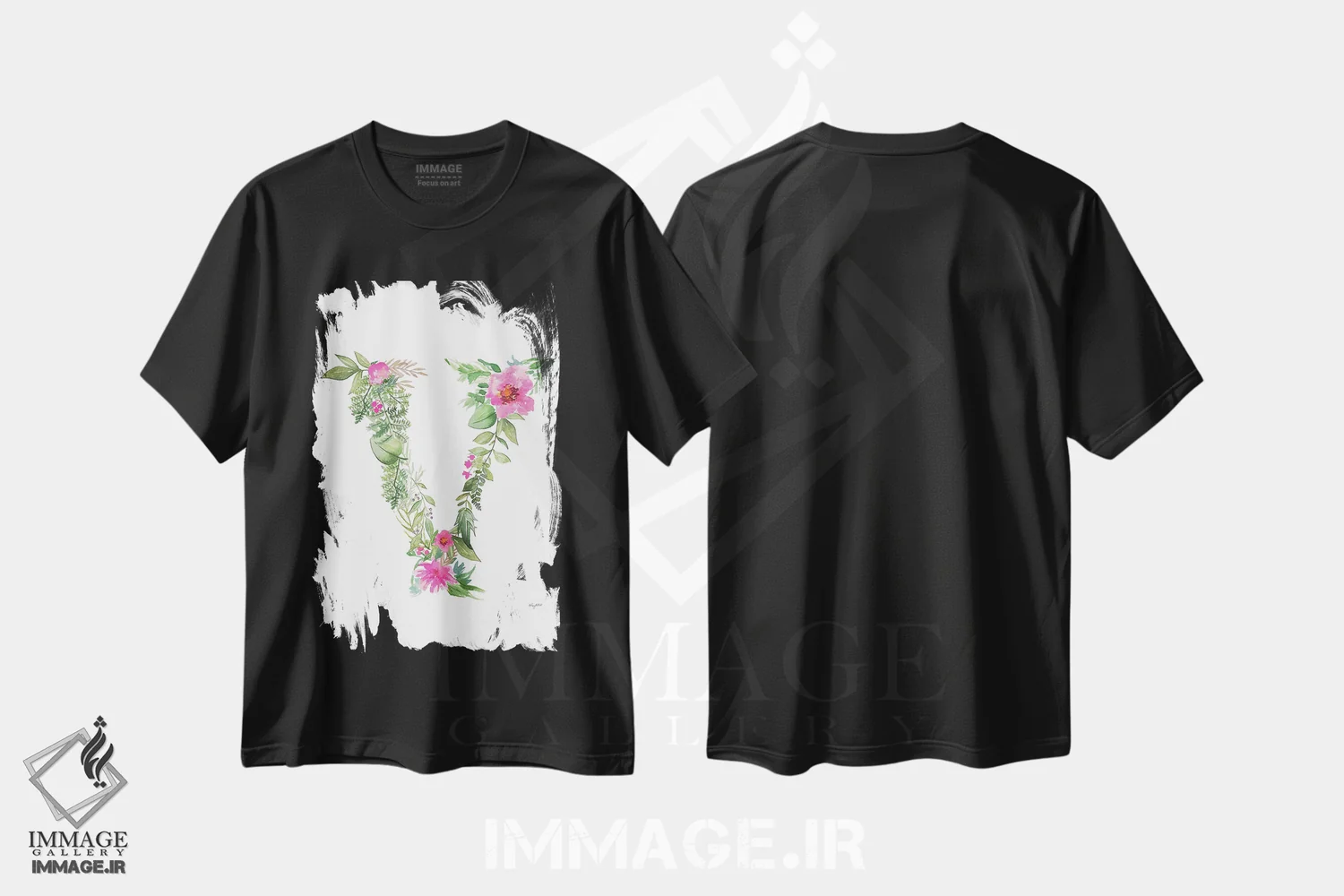 تیشرت مشکی طرح دار حرف V گیاهی، تزئینی اثر کلسی مک نت | فروشگاه ایماژ