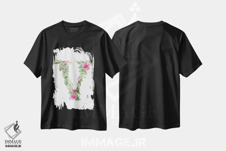 تیشرت مشکی طرح دار حرف V گیاهی، تزئینی اثر کلسی مک نت | فروشگاه ایماژ