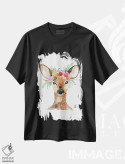 تیشرت مشکی طرح دار گوزن با تاج گل، تزئینی اثر کلسی مک نت | فروشگاه ایماژ