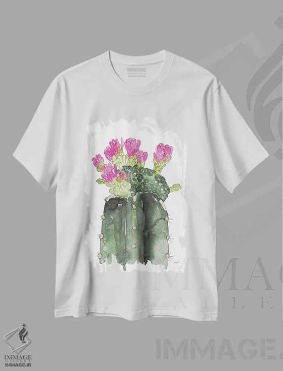 تیشرت سفید طرح دار کاکتوس شکوفه دار، تزئینی اثر کلسی مک نت | فروشگاه ایماژ