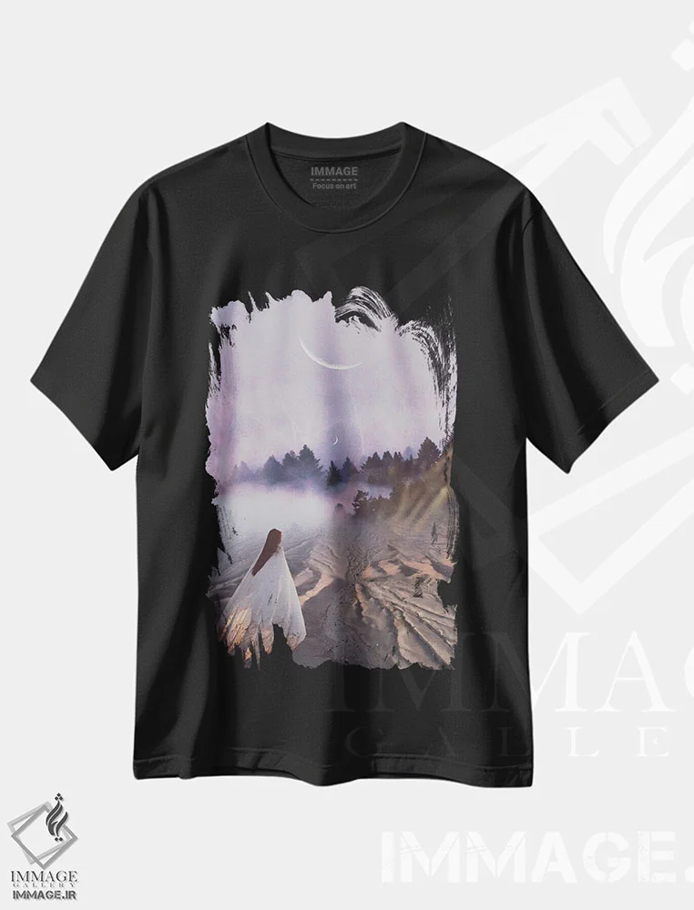 تیشرت مشکی طرح دار اقامت کوتاه، عکاسی ترکیبی اثر مدنایت مون ویژوالز | فروشگاه ایماژ