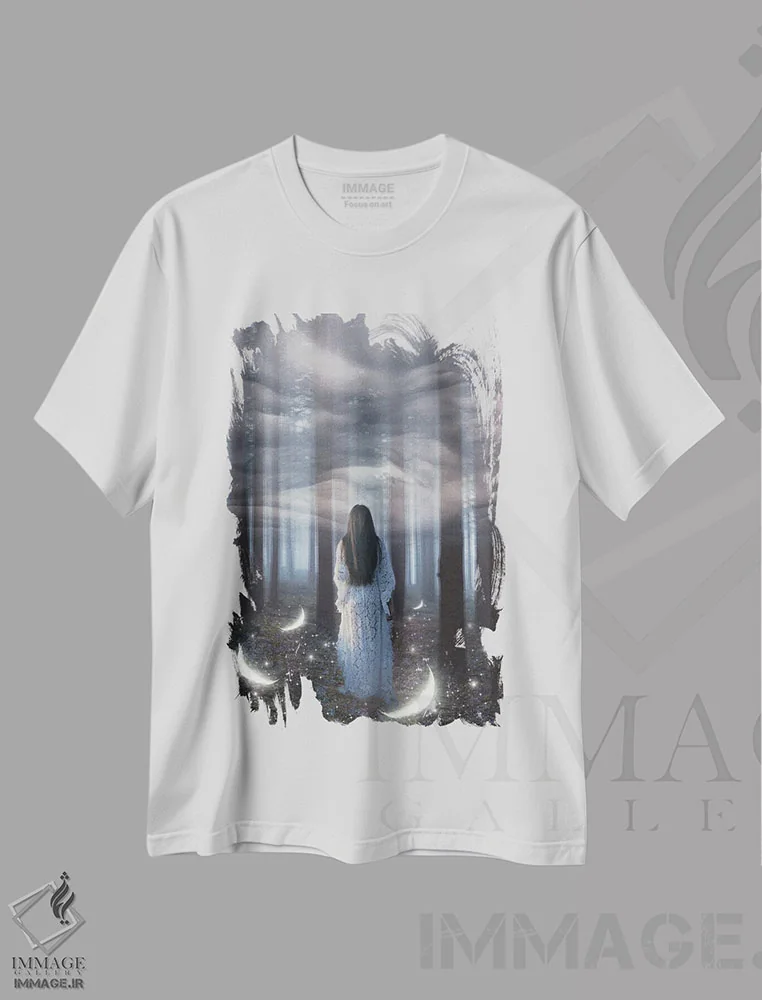 تیشرت سفید طرح دار به دل جنگل، تزئینی اثر مدنایت مون ویژوالز | فروشگاه ایماژ
