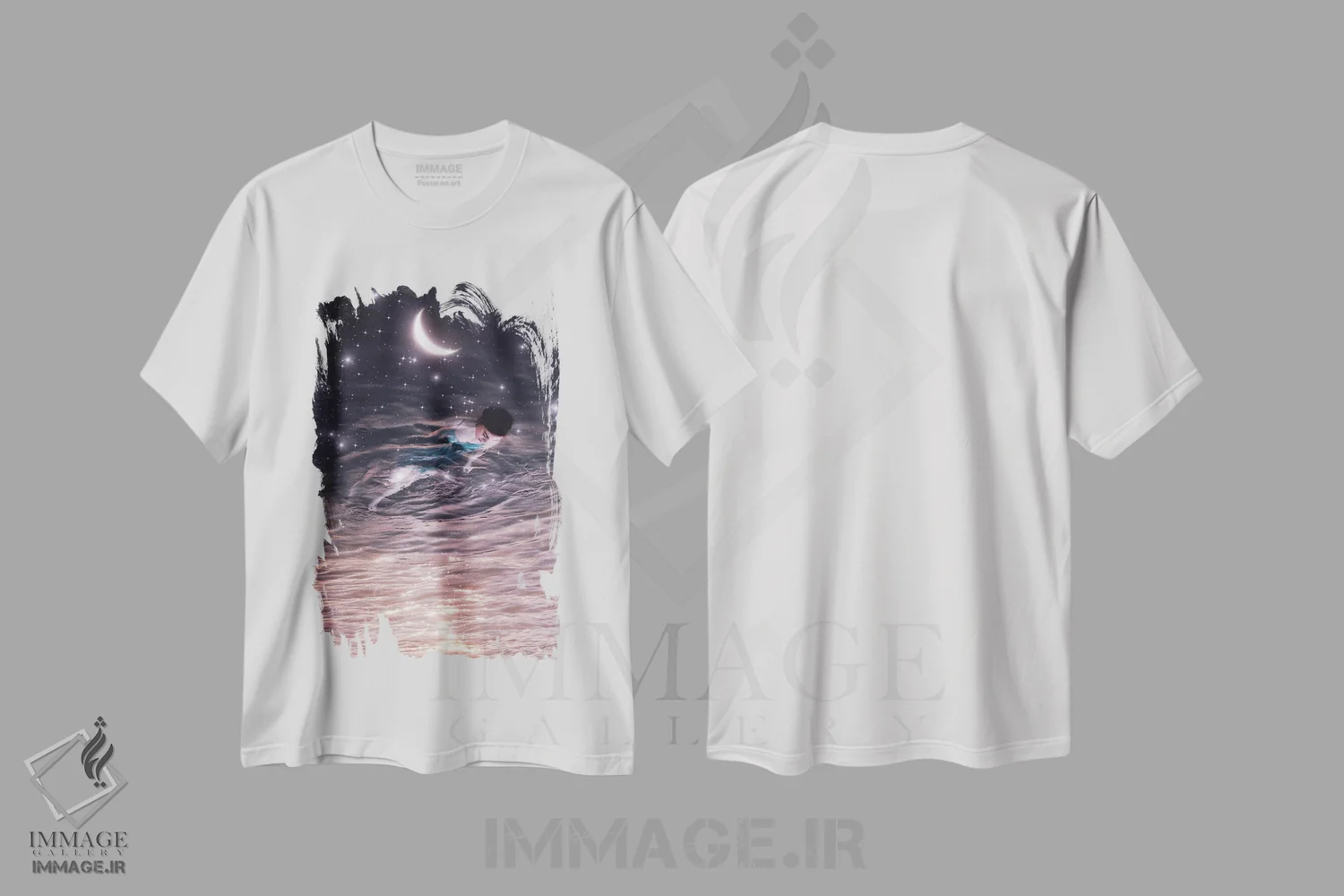تیشرت سفید طرح دار شناور آرام، تزئینی اثر مدنایت مون ویژوالز | فروشگاه ایماژ