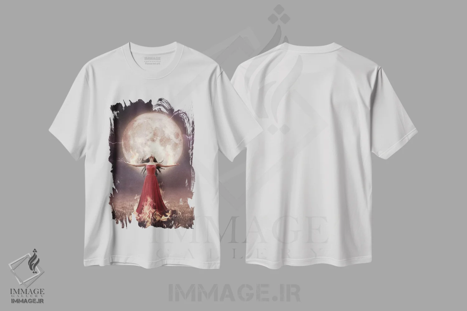تیشرت سفید طرح دار ماه کامل در برج حمل، هنر دیجیتال اثر مدنایت مون ویژوالز | فروشگاه ایماژ