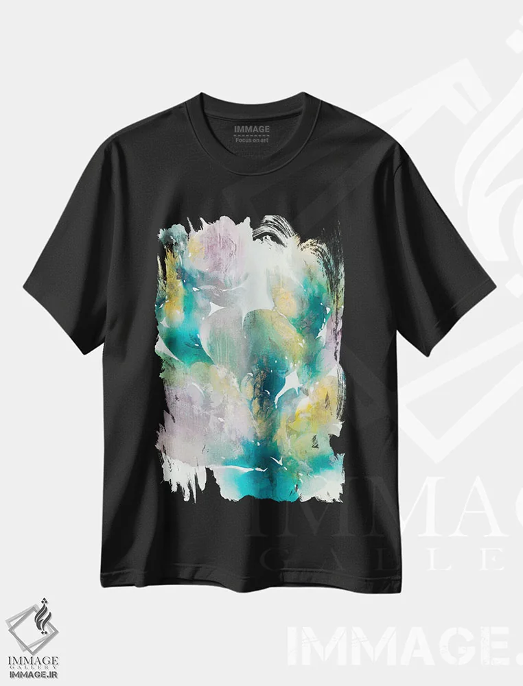 تیشرت مشکی طرح دار میکا، آبستره اثر کِی. ناری | فروشگاه ایماژ