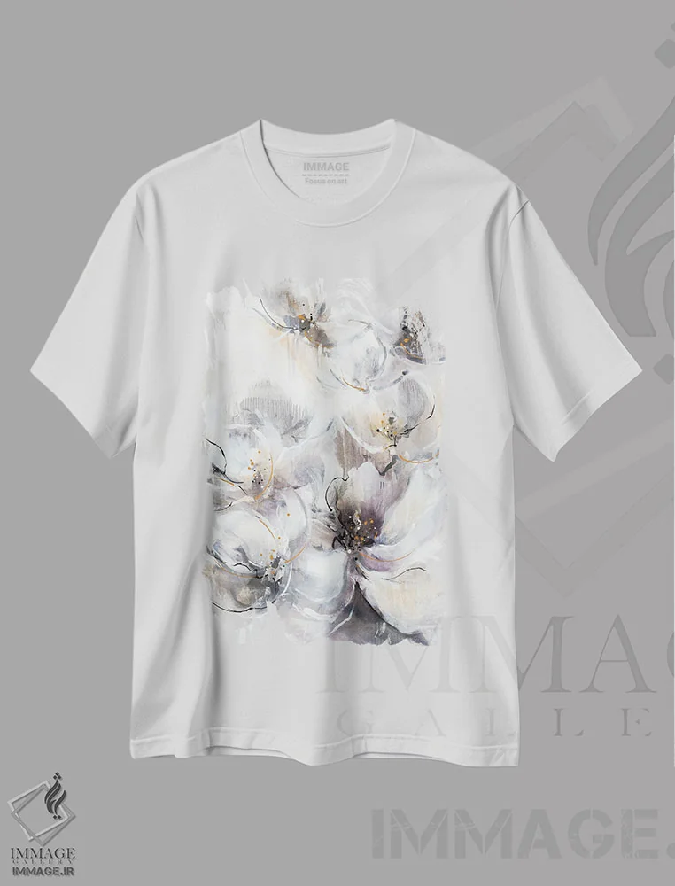تیشرت سفید طرح دار شکوفه های مرواریدی، آبستره اثر کِی. ناری | فروشگاه ایماژ
