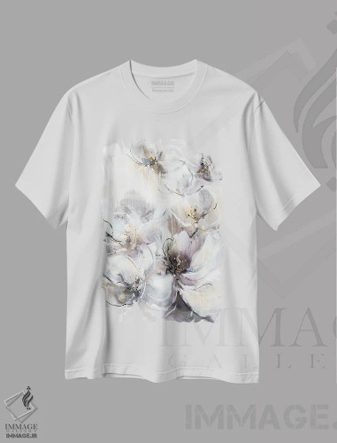 تیشرت سفید طرح دار شکوفه های مرواریدی، آبستره اثر کِی. ناری | فروشگاه ایماژ