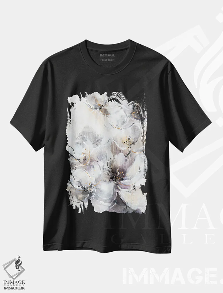 تیشرت مشکی طرح دار شکوفه های مرواریدی، آبستره اثر کِی. ناری | immage.ir