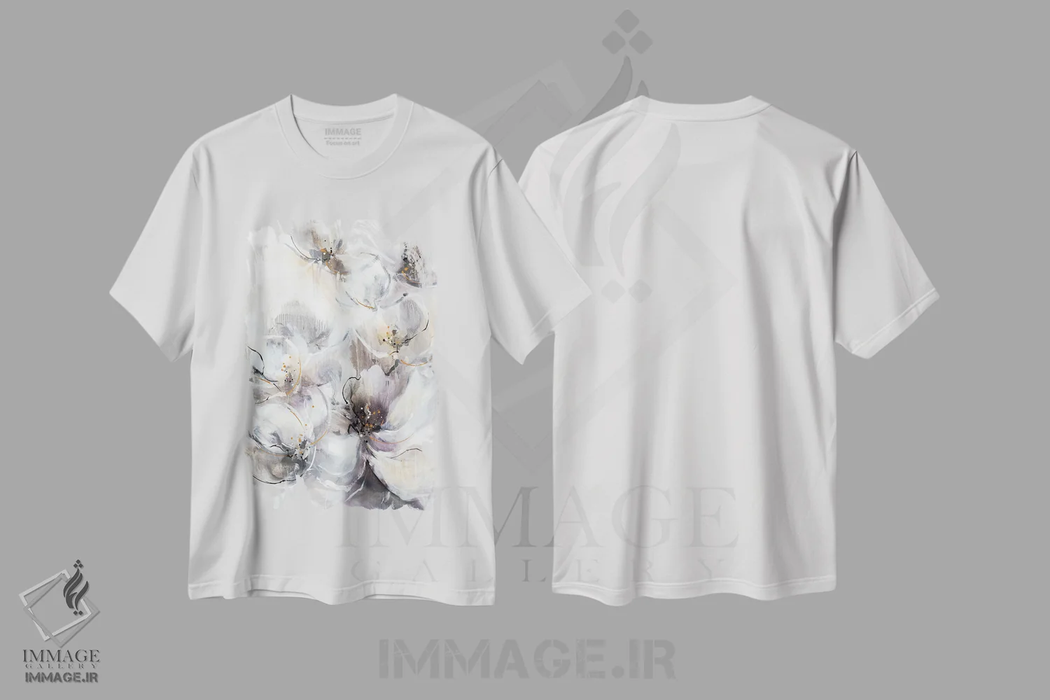 تیشرت سفید طرح دار شکوفه های مرواریدی، آبستره اثر کِی. ناری | فروشگاه ایماژ