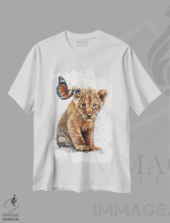 تیشرت سفید طرح دار شیر با پروانه، مدیوم اثر کنستانتین کالینین | فروشگاه ایماژ