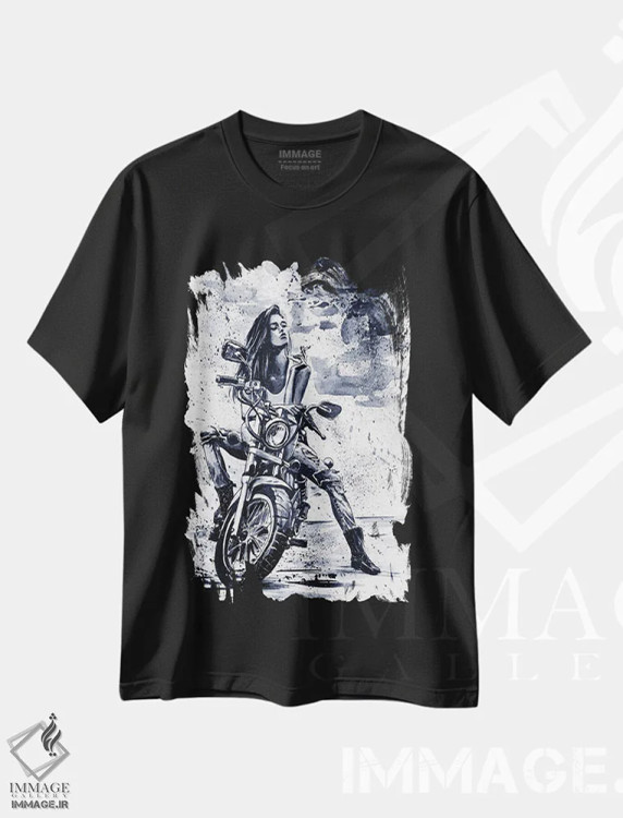 تیشرت مشکی طرح دار دختر موتورسوار، مدیوم اثر کنستانتین کالینین | فروشگاه ایماژ
