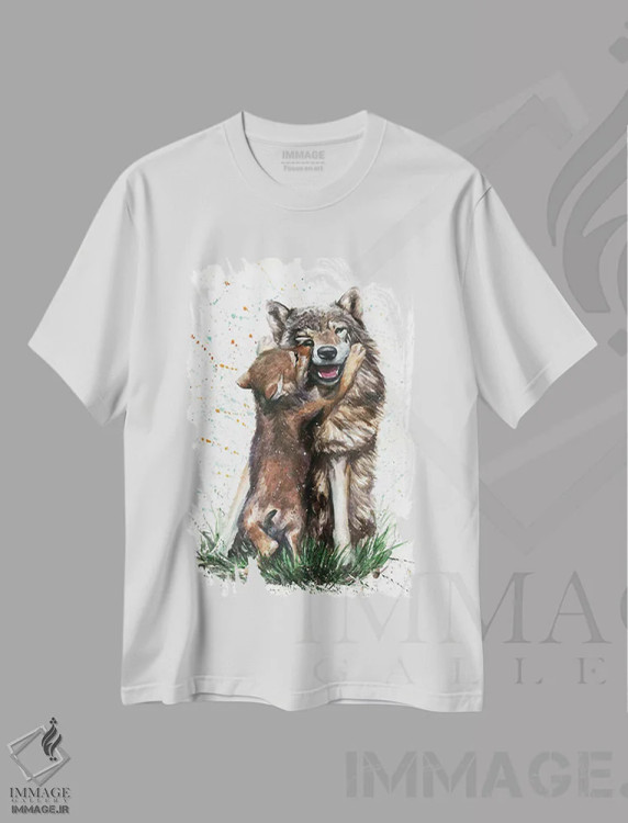 تیشرت سفید طرح دار گرگ با بچه اش، مدیوم اثر کنستانتین کالینین | فروشگاه ایماژ