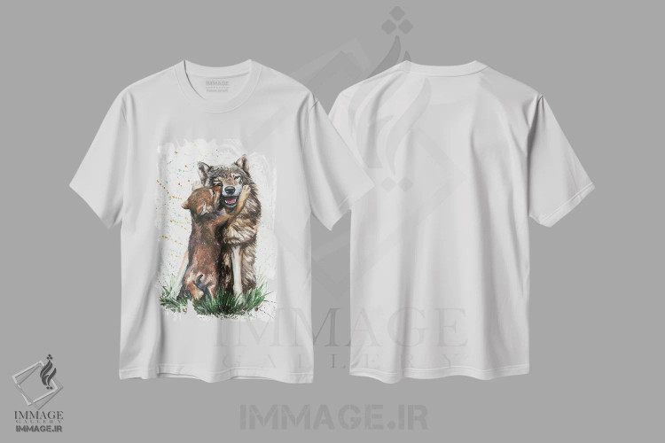 تیشرت سفید طرح دار گرگ با بچه اش، مدیوم اثر کنستانتین کالینین | فروشگاه ایماژ