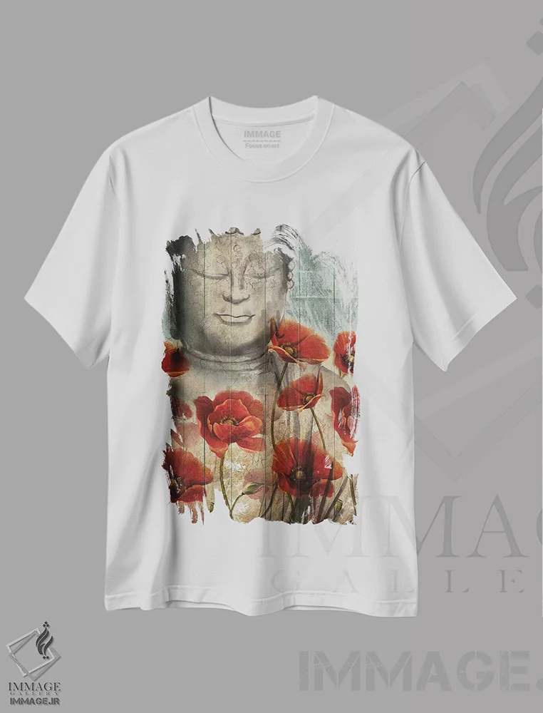 تیشرت سفید طرح دار بودای گلی اثر کنراد ناتسن | immage.ir