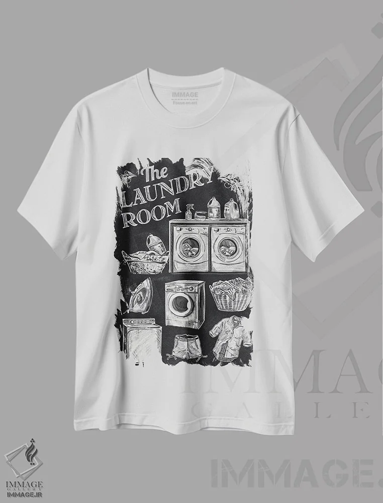 تیشرت سفید طرح دار رختشویخانه، هنر تزئینی سیاه و سفید اثر کنراد ناتسن | فروشگاه ایماژ