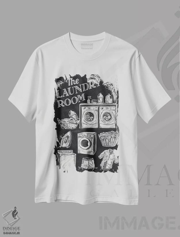 تیشرت سفید طرح دار رختشویخانه، هنر تزئینی سیاه و سفید اثر کنراد ناتسن | فروشگاه ایماژ
