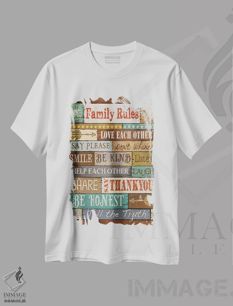تیشرت سفید طرح دار قوانین خانواده، تایپوگرافی اثر کنراد ناتسن | immage.ir