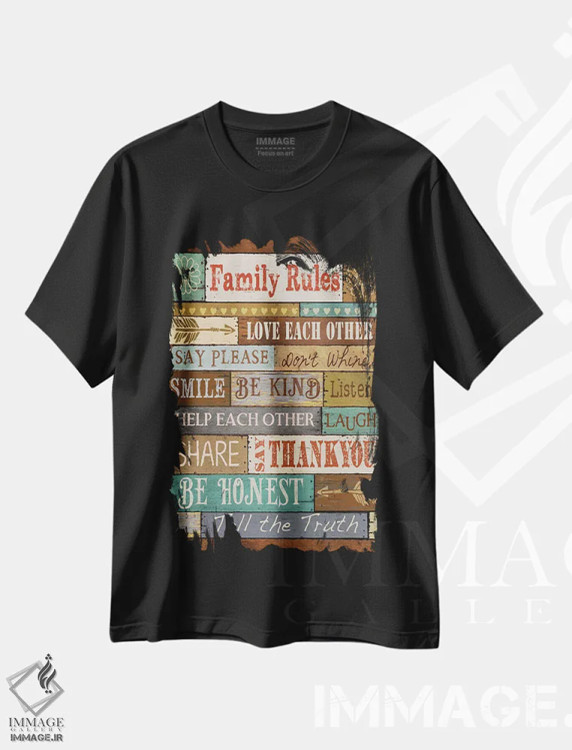 تیشرت مشکی طرح دار قوانین خانواده، تایپوگرافی اثر کنراد ناتسن | فروشگاه ایماژ