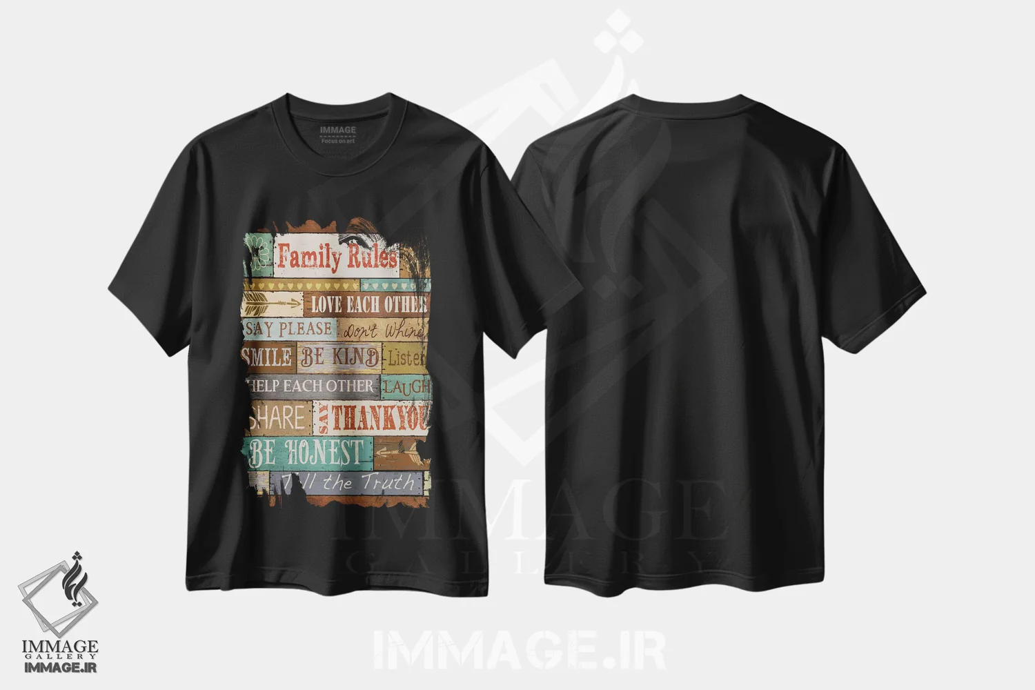 تیشرت مشکی طرح دار قوانین خانواده، تایپوگرافی اثر کنراد ناتسن | فروشگاه ایماژ
