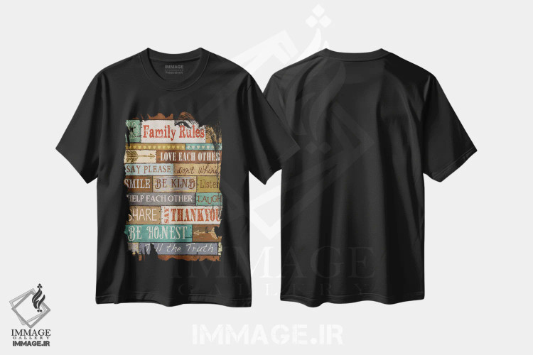 تیشرت مشکی طرح دار قوانین خانواده، تایپوگرافی اثر کنراد ناتسن | فروشگاه ایماژ