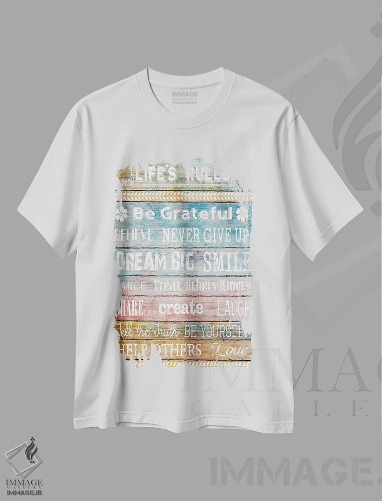 تیشرت سفید طرح دار قوانین زندگی، تزئینی اثر کنراد ناتسن | فروشگاه ایماژ