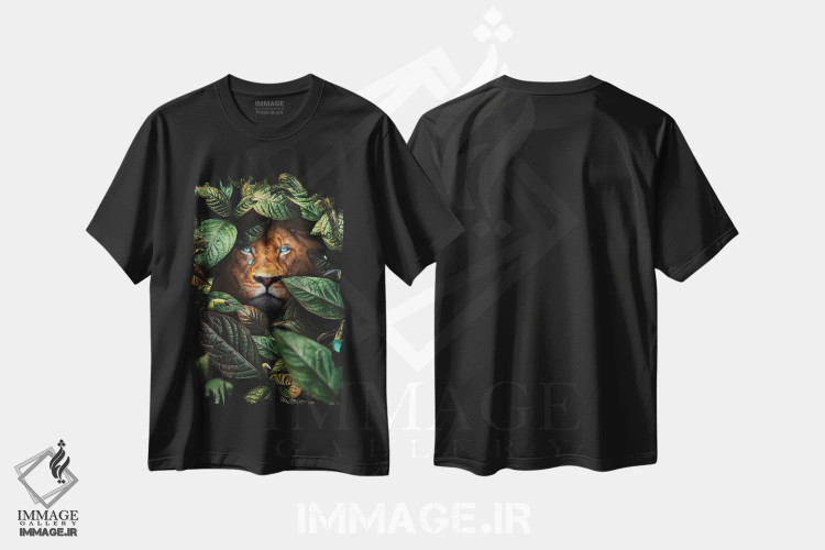 تیشرت مشکی طرح دار شیر در میان برگ ها، تزئینی اثر میلوش کارانوویچ | فروشگاه ایماژ