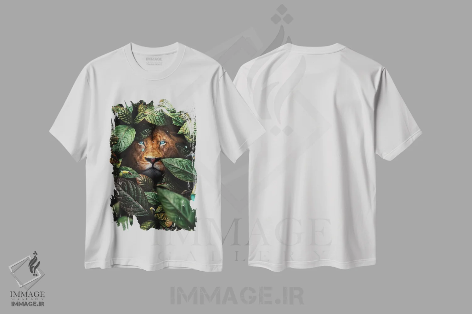تیشرت سفید طرح دار شیر در میان برگ ها، تزئینی اثر میلوش کارانوویچ | immage.ir