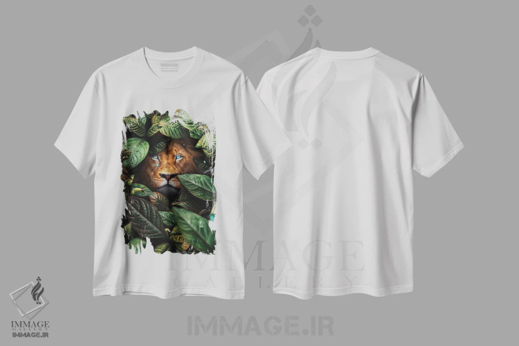 تیشرت سفید طرح دار شیر در میان برگ ها، تزئینی اثر میلوش کارانوویچ | immage.ir