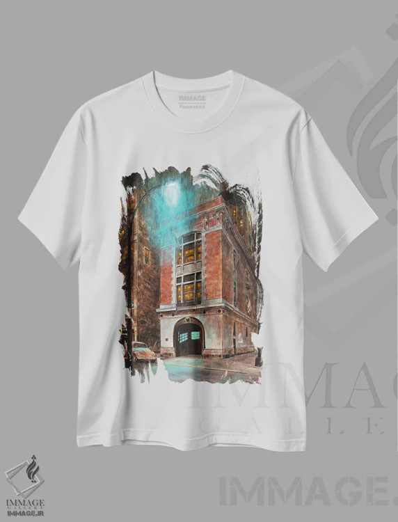 تیشرت سفید طرح دار ایستگاه آتش نشانی شماره ۸، هنر فاخر معاصر اثر کیت اولشلگر | فروشگاه ایماژ