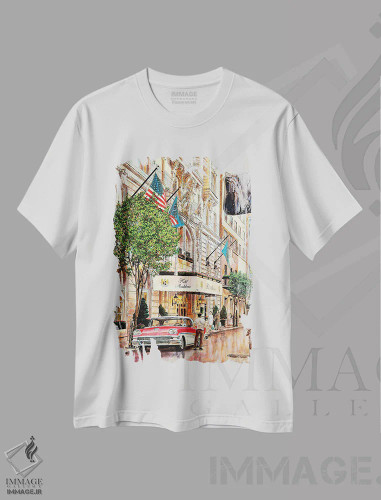 تیشرت سفید طرح دار هتل مونتلیون در تابستان، هنر فاخر معاصر اثر کیت اولشلگر | فروشگاه ایماژ
