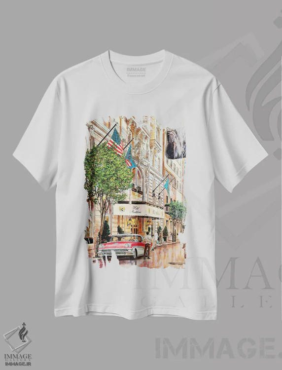 تیشرت سفید طرح دار هتل مونتلیون در تابستان، هنر فاخر معاصر اثر کیت اولشلگر | فروشگاه ایماژ