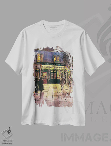 تیشرت سفید طرح دار کتاب فروشی شکسپیر و شرکا، دکوراسیون جایگزین اثر کیت اولشلگر | فروشگاه ایماژ
