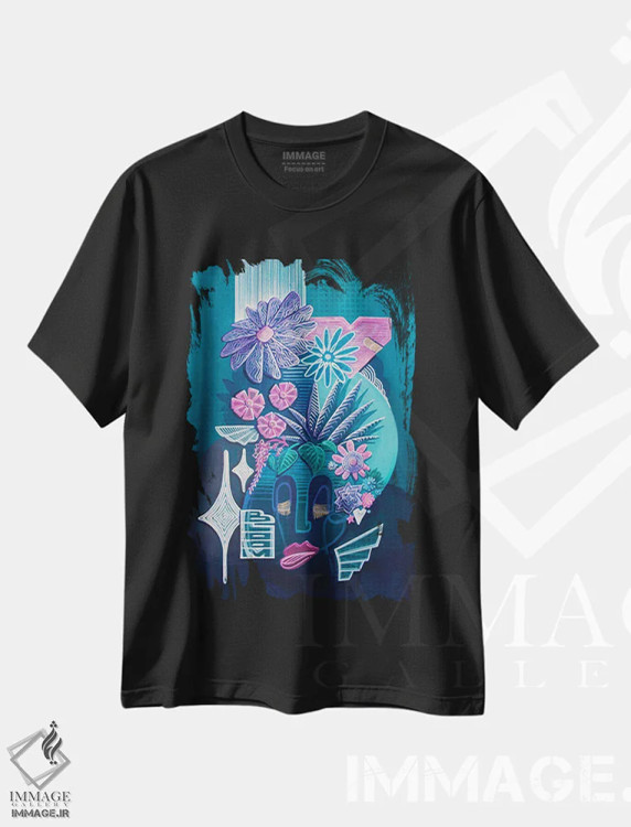 تیشرت مشکی طرح دار باغ ۲، آبستره اثر کولورمور | فروشگاه ایماژ