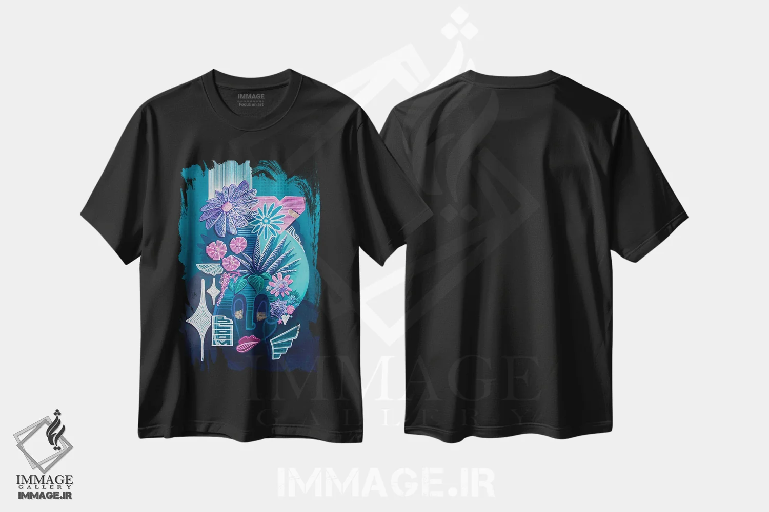 تیشرت مشکی طرح دار باغ ۲، آبستره اثر کولورمور | فروشگاه ایماژ