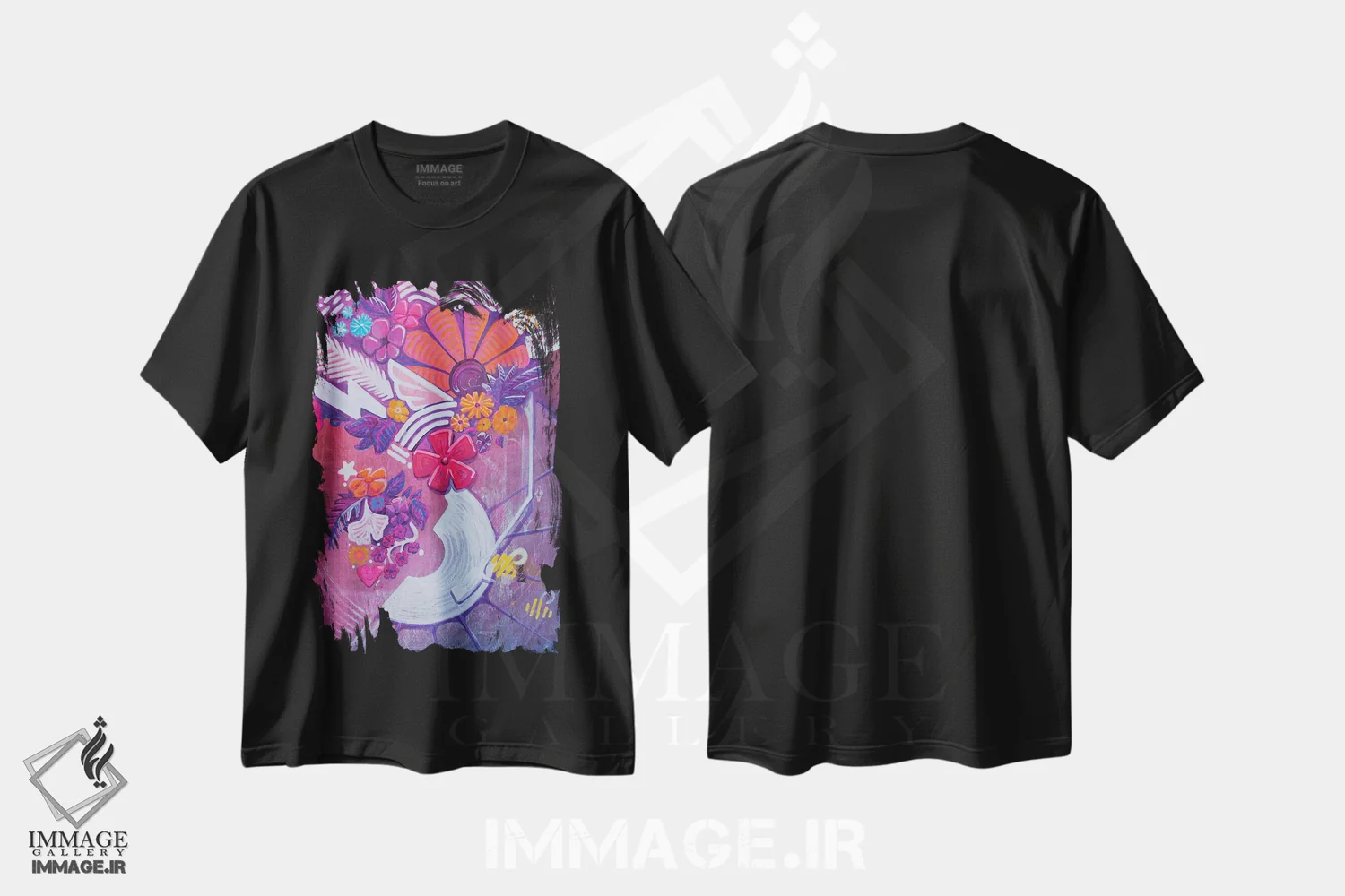 تیشرت مشکی طرح دار شکوفایی صوتی ۲، آبستره اثر کولورمور | فروشگاه ایماژ